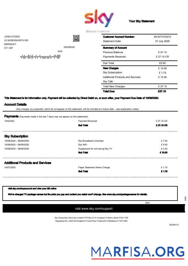Downloadable United Kingdom Sky utility bill statement template in Word and PDF format
